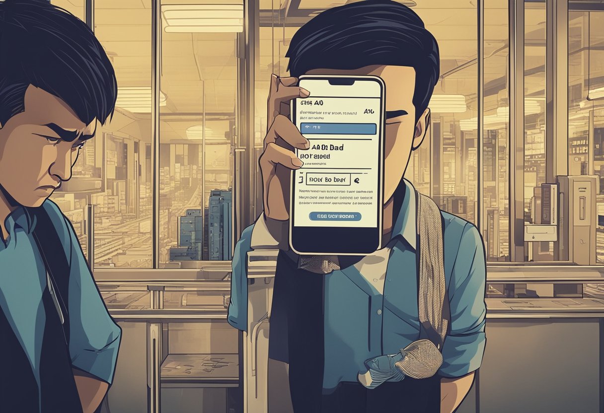 Uma pessoa frustrada olhando para um smartphone com uma mensagem de erro "400 Bad Request" exibida na tela enquanto tenta acessar o aplicativo Caixa Tem.