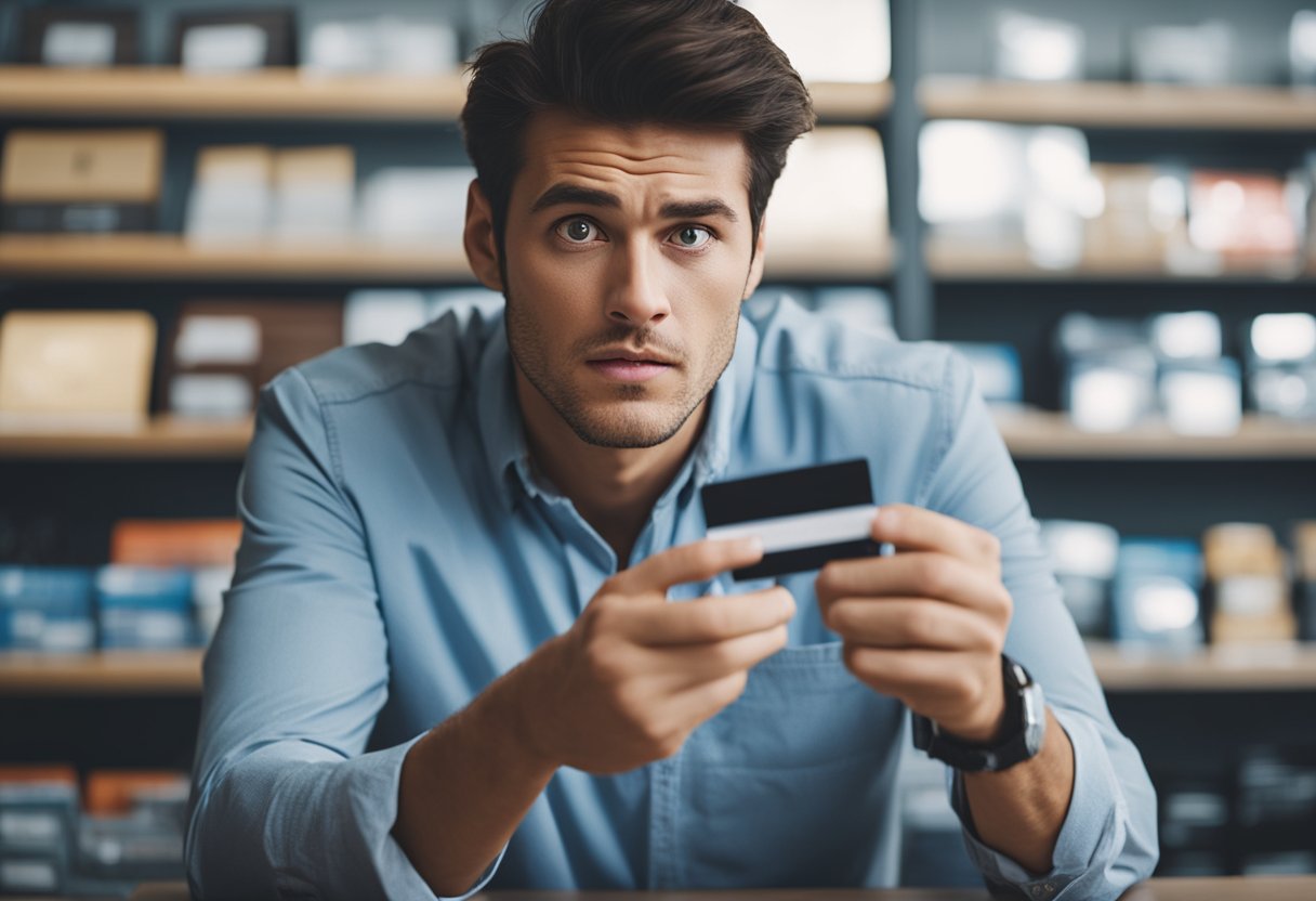 Uma pessoa frustrada segurando um cartão de crédito com uma expressão perplexa