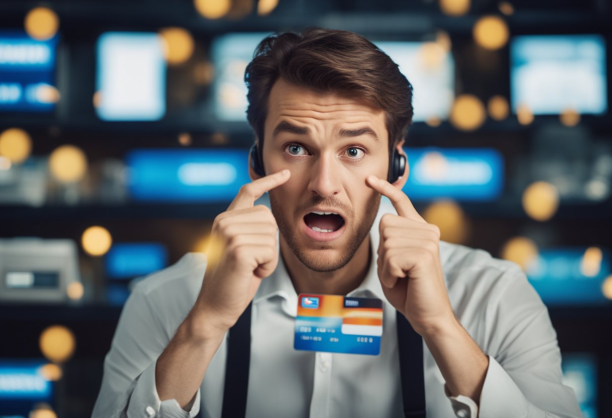 Uma pessoa frustrada segurando um cartão de crédito, enquanto uma expressão de perplexidade é mostrada em seu rosto.