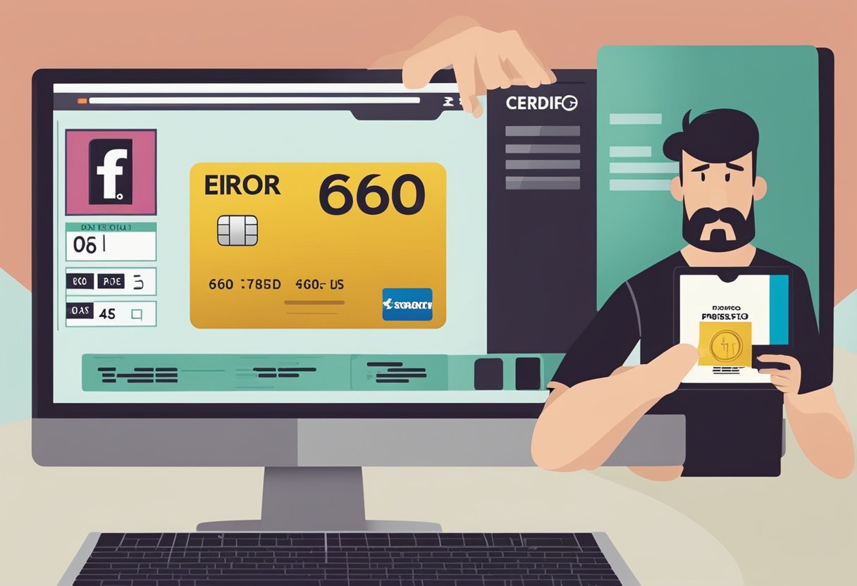 Uma pessoa segurando um cartão de crédito na frente de uma tela de computador exibindo uma mensagem de erro "Erro 60" com uma expressão perplexa no rosto.