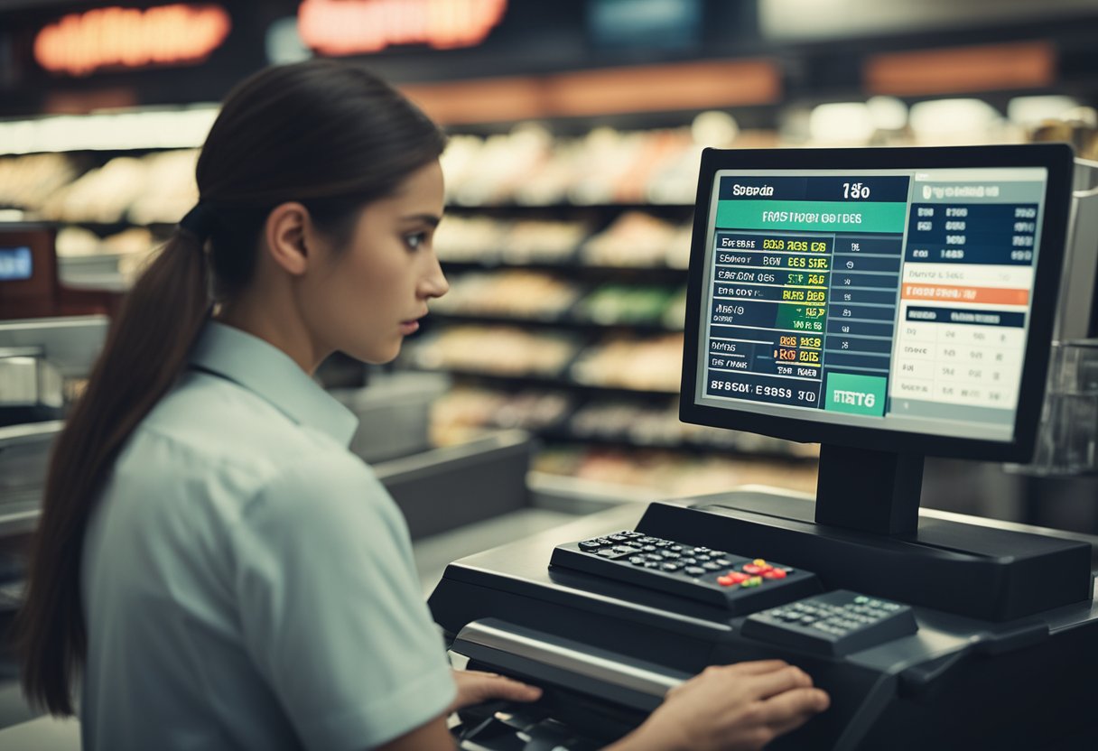 Uma pessoa em um caixa com uma mensagem de erro na tela, parecendo frustrada