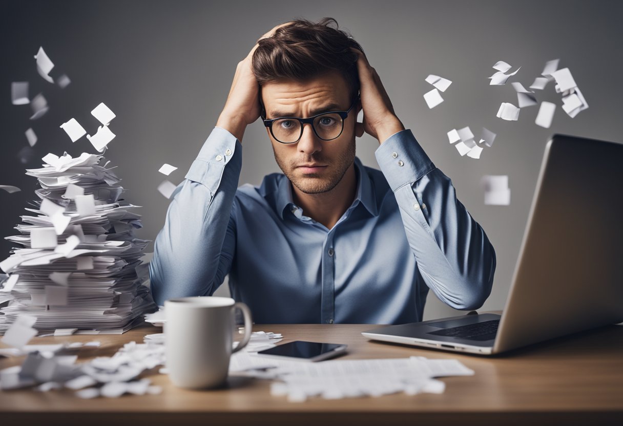 Uma pessoa frustrada olhando para um smartphone com uma expressão perplexa, cercada por papéis espalhados e um laptop exibindo uma mensagem de erro.
