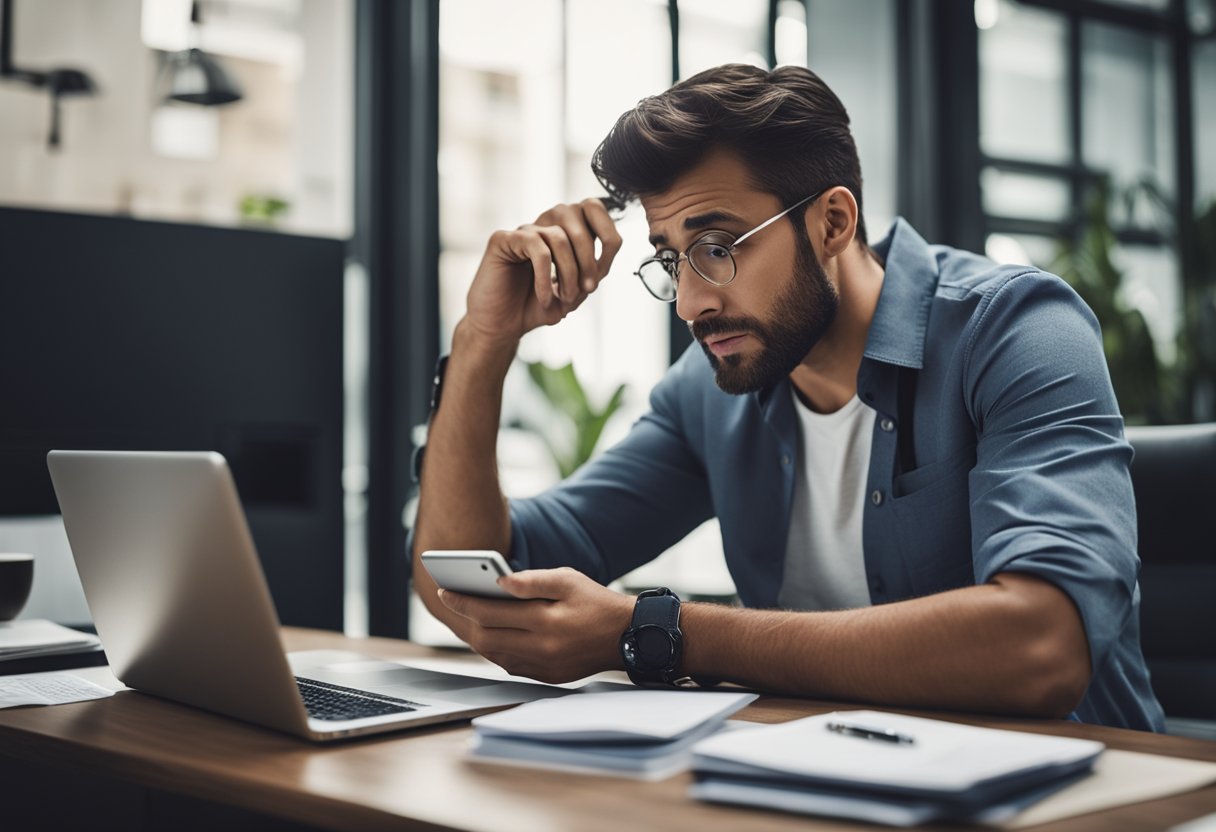 Uma pessoa frustrada olhando para um smartphone com uma expressão perplexa, cercada por vários documentos financeiros e um laptop