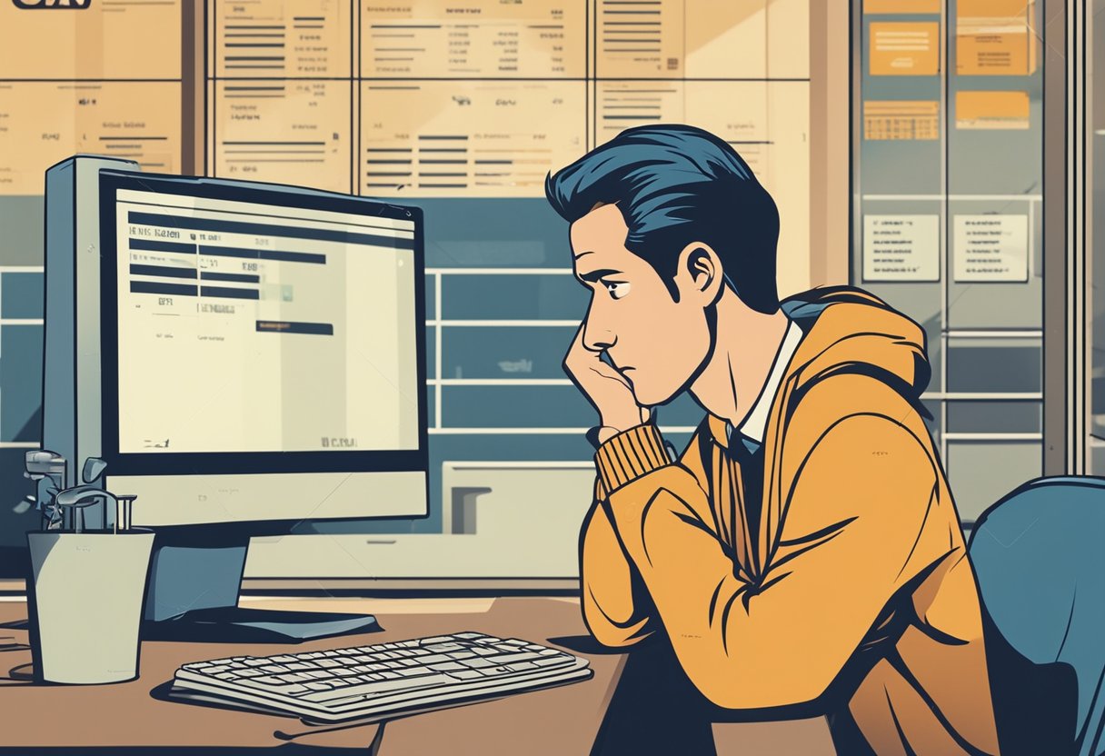 Uma pessoa sentada em um computador, parecendo frustrada enquanto tenta acessar o saldo da conta do banco Caixa. A tela do computador exibe uma mensagem de erro.