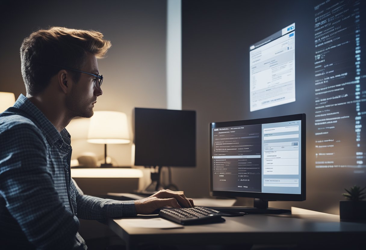 Uma pessoa frustrada olhando para a tela do computador que mostra uma mensagem de erro enquanto tenta gerar uma nota fiscal registrada.