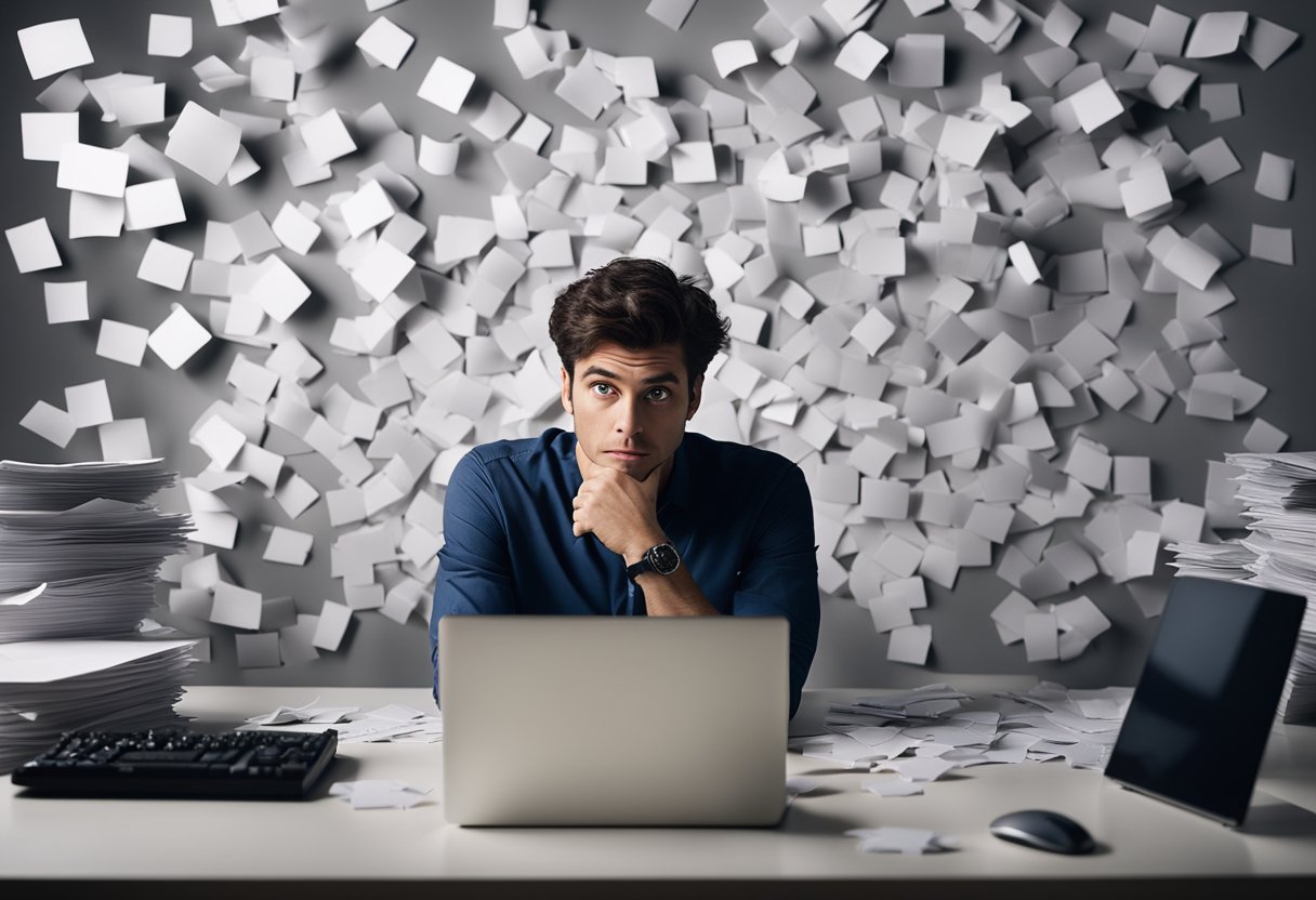 Uma pessoa confusa olhando para uma tela em branco com uma expressão perplexa, cercada por papéis espalhados e um mouse de computador.