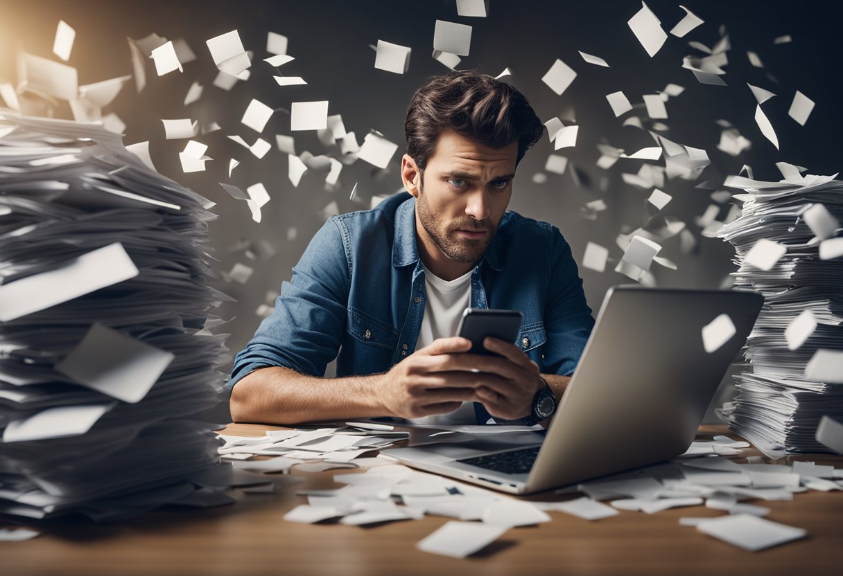 Uma pessoa frustrada olhando para um smartphone com uma expressão perplexa, cercada por papéis espalhados e um laptop exibindo mensagens de erro.