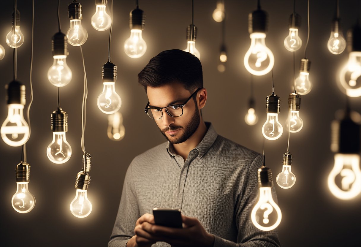 Uma pessoa usando um smartphone com uma expressão perplexa, cercada por pontos de interrogação e uma lâmpada brilhante simbolizando uma solução