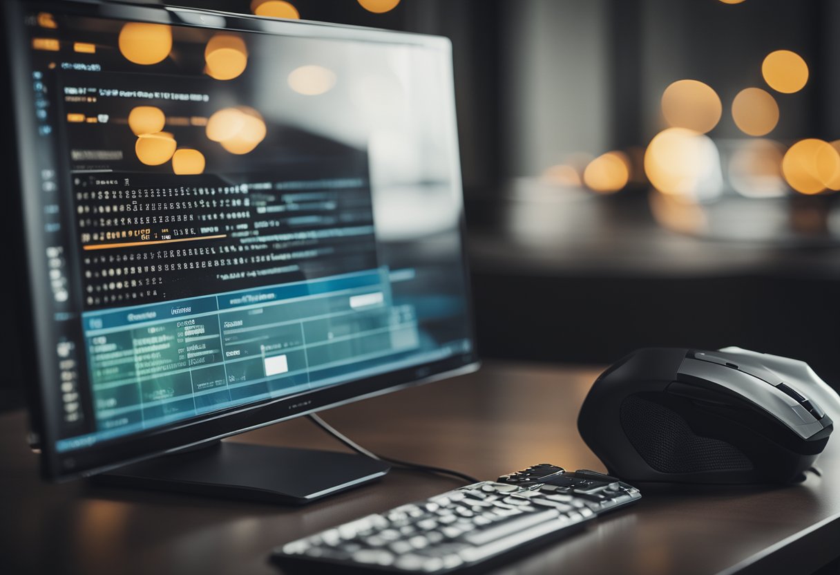 Uma tela de computador com uma mensagem de erro e uma notificação de usuário bloqueado, com um teclado e um mouse próximos.