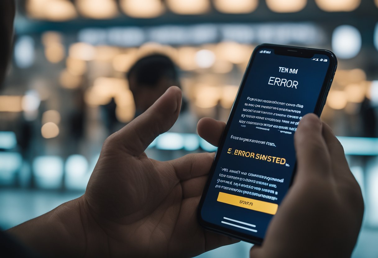 Um smartphone exibindo uma mensagem de erro no aplicativo Caixa Tem, com um usuário frustrado olhando para a tela.