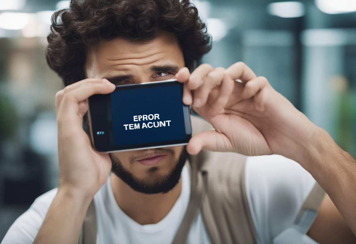 Um smartphone de uma pessoa exibindo uma mensagem de erro ao tentar acessar sua conta do Caixa Tem, com uma expressão de frustração em seu rosto.