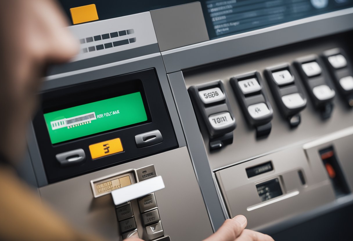 Uma pessoa inserindo um cartão bancário em um caixa eletrônico, com uma expressão perplexa enquanto uma mensagem de erro aparece na tela.