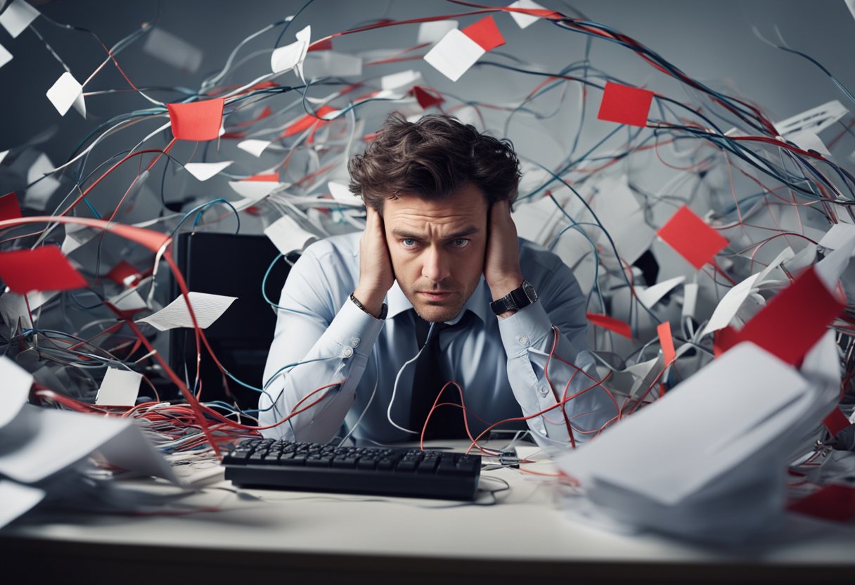 Uma figura frustrada observa uma tela de computador, cercada por papéis espalhados e um emaranhado de fios. A mensagem de erro pisca em letras vermelhas em negrito, fazendo com que a figura franza a testa em confusão.
