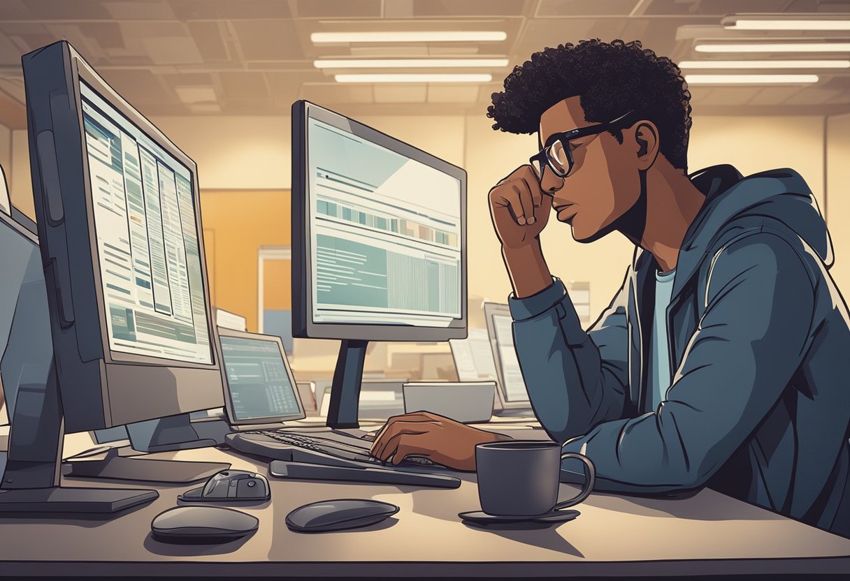 Uma pessoa frustrada com seu visto de trabalho digital, tentando resolver problemas em seu computador.