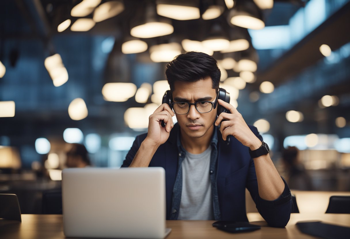 Uma pessoa usando um smartphone, com expressão frustrada, tentando resolver um problema de visto de trabalho digital.