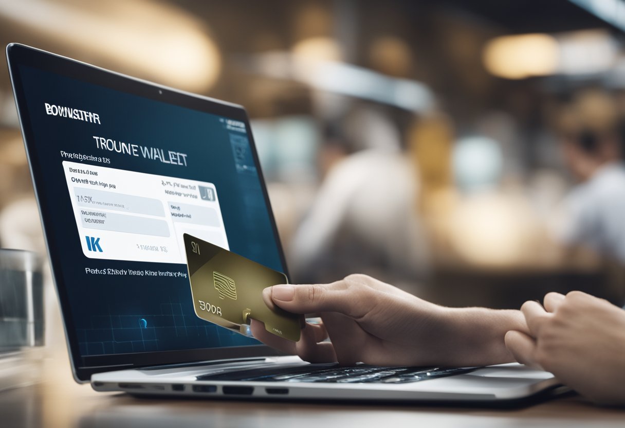 Uma carteira digital com mensagens de erro aparecendo, enquanto uma pessoa resolve problemas em um computador