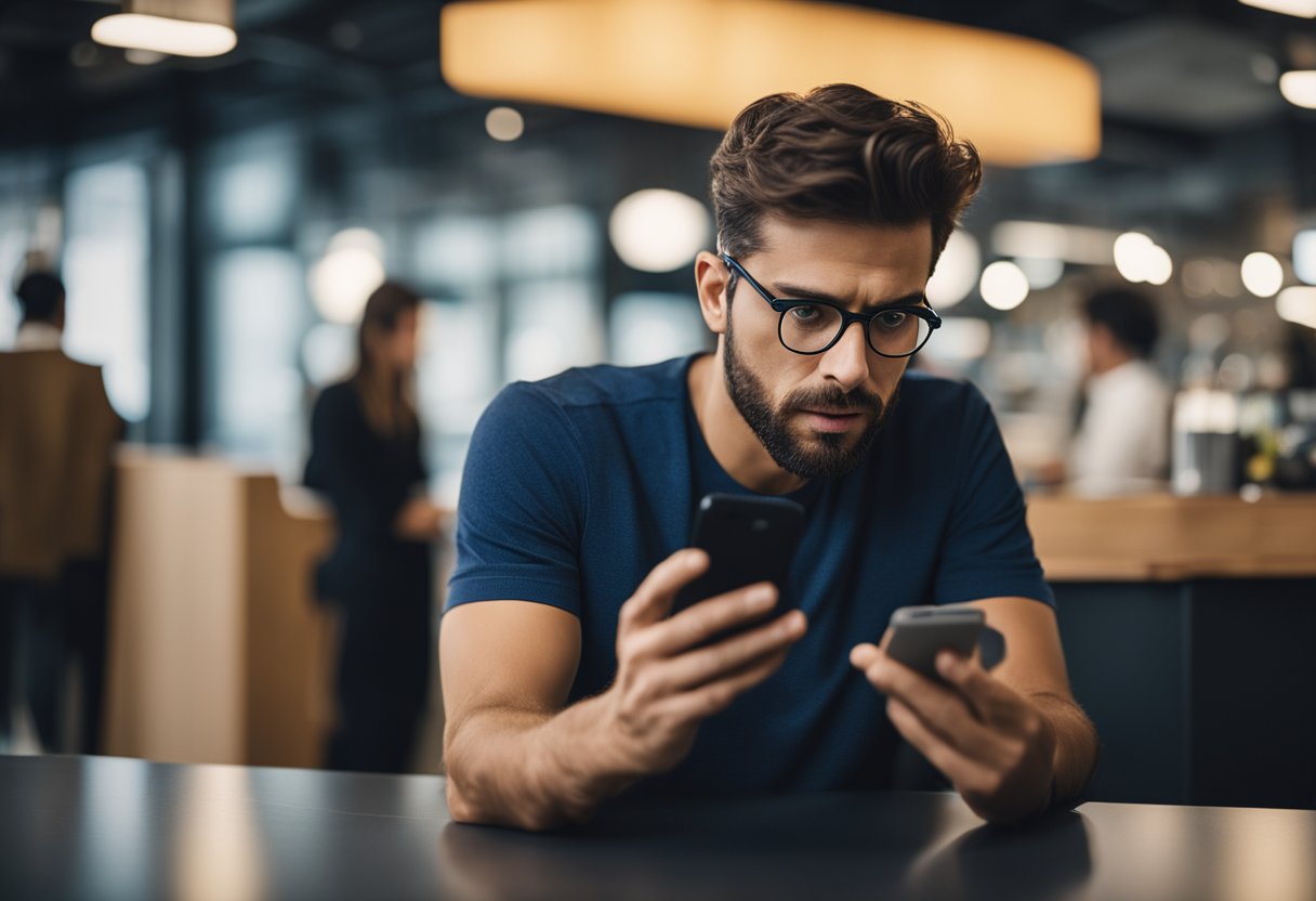 Uma pessoa frustrada olhando para o celular com uma expressão confusa enquanto tenta fazer um pagamento usando o aplicativo Caixa Tem.