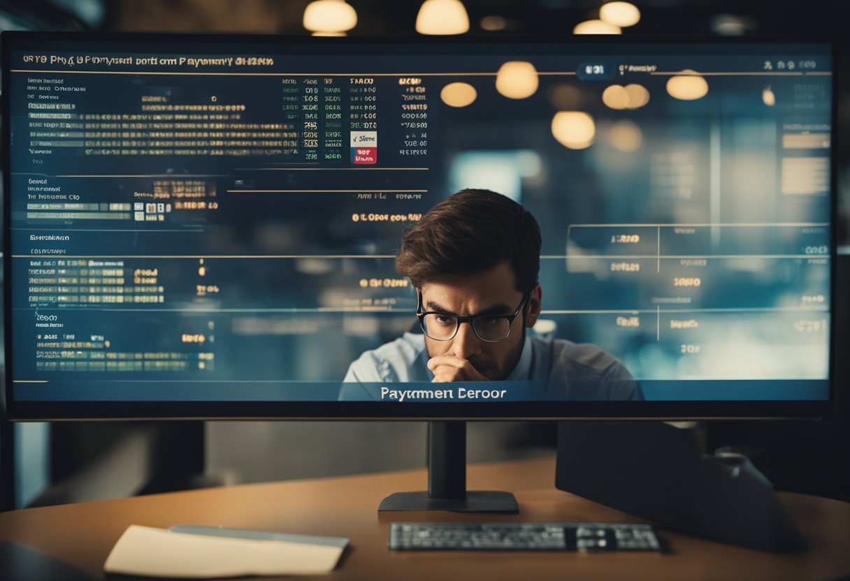Uma pessoa frustrada olhando para uma tela com uma mensagem de "erro de pagamento" enquanto utiliza o sistema de pagamento PIX da Caixa