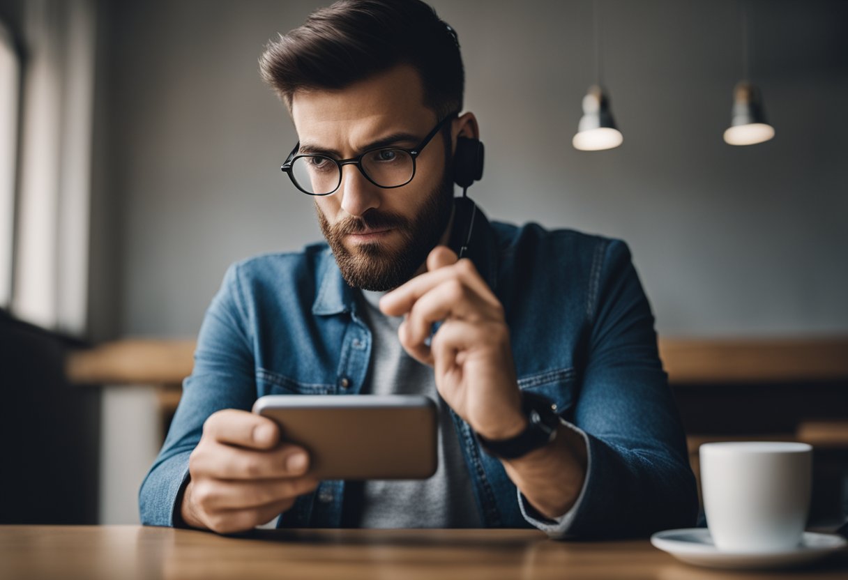 Uma pessoa frustrada olhando para o celular com uma expressão confusa enquanto tenta fazer um pagamento usando PIX no aplicativo Caixa Tem