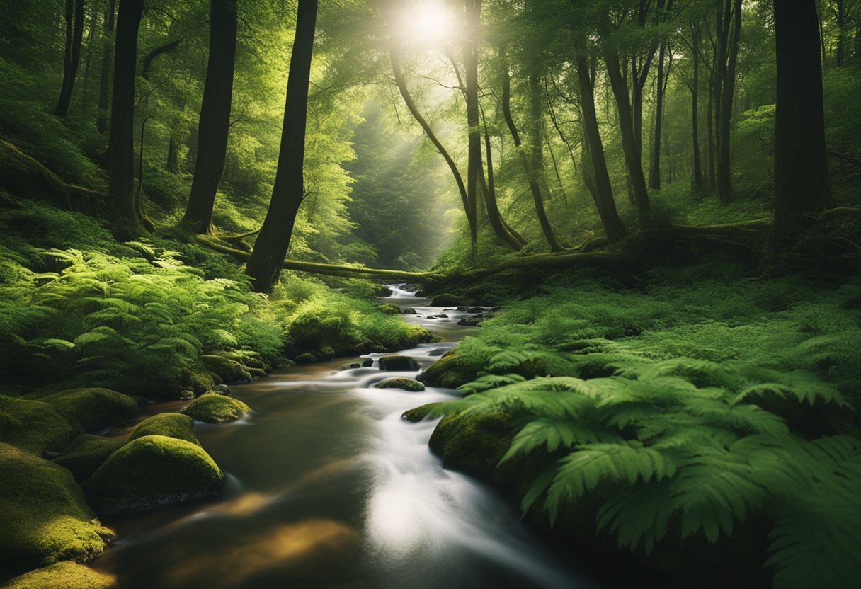 Uma floresta serena com árvores altas e um riacho calmo fluindo através da vegetação exuberante
