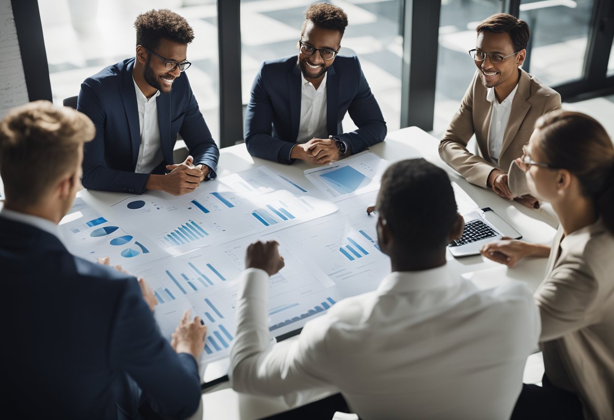 Um grupo de pessoas se reuniu em torno de uma mesa, fazendo um brainstorm e discutindo ideias de negócios. Gráficos e tabelas estão exibidos em um quadro branco, e uma sensação de colaboração e criatividade preenche a sala.