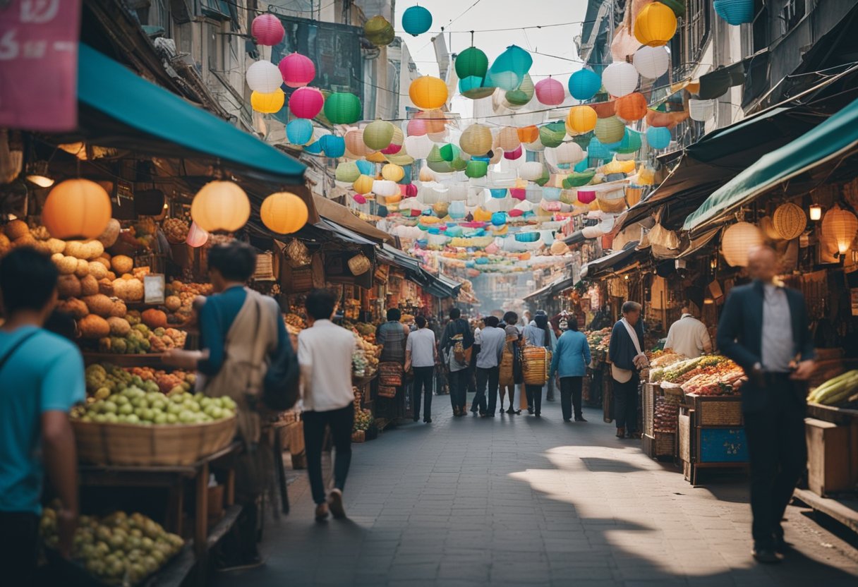 Uma rua movimentada da cidade com barracas de mercado coloridas e letreiros vibrantes, exibindo uma variedade de produtos e serviços direcionados a startups.