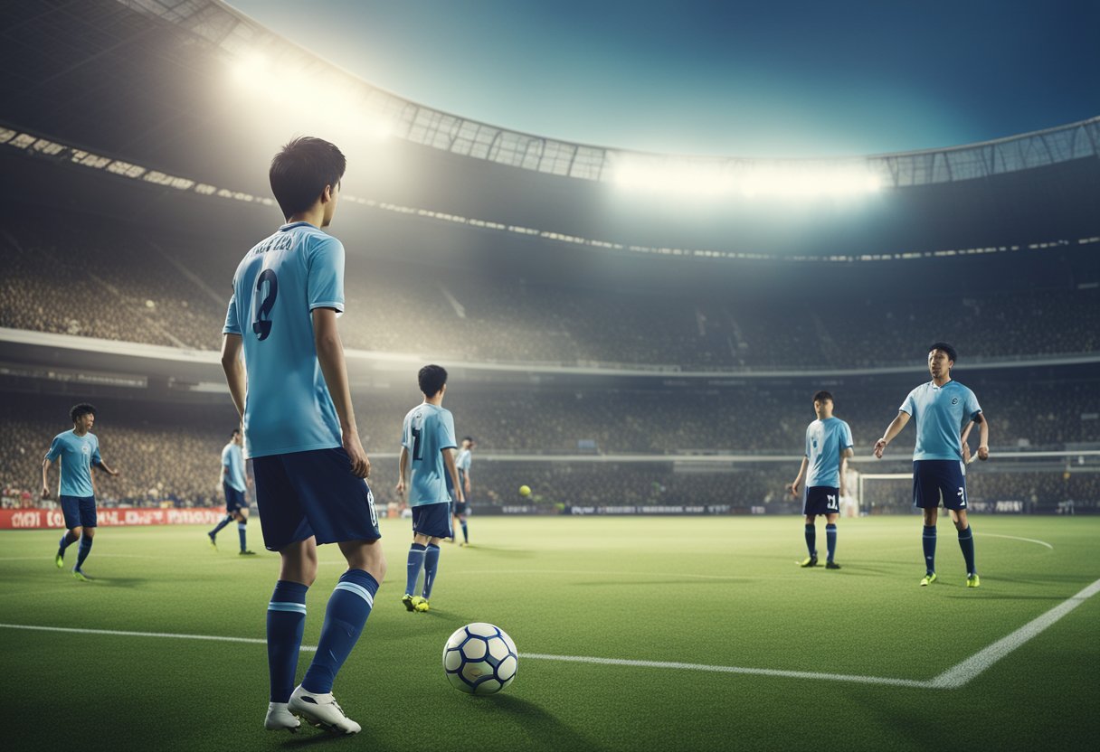 Um escanteio asiático, com jogadores reunidos ao redor do gol, e a bola no ar, pronta para ser chutada