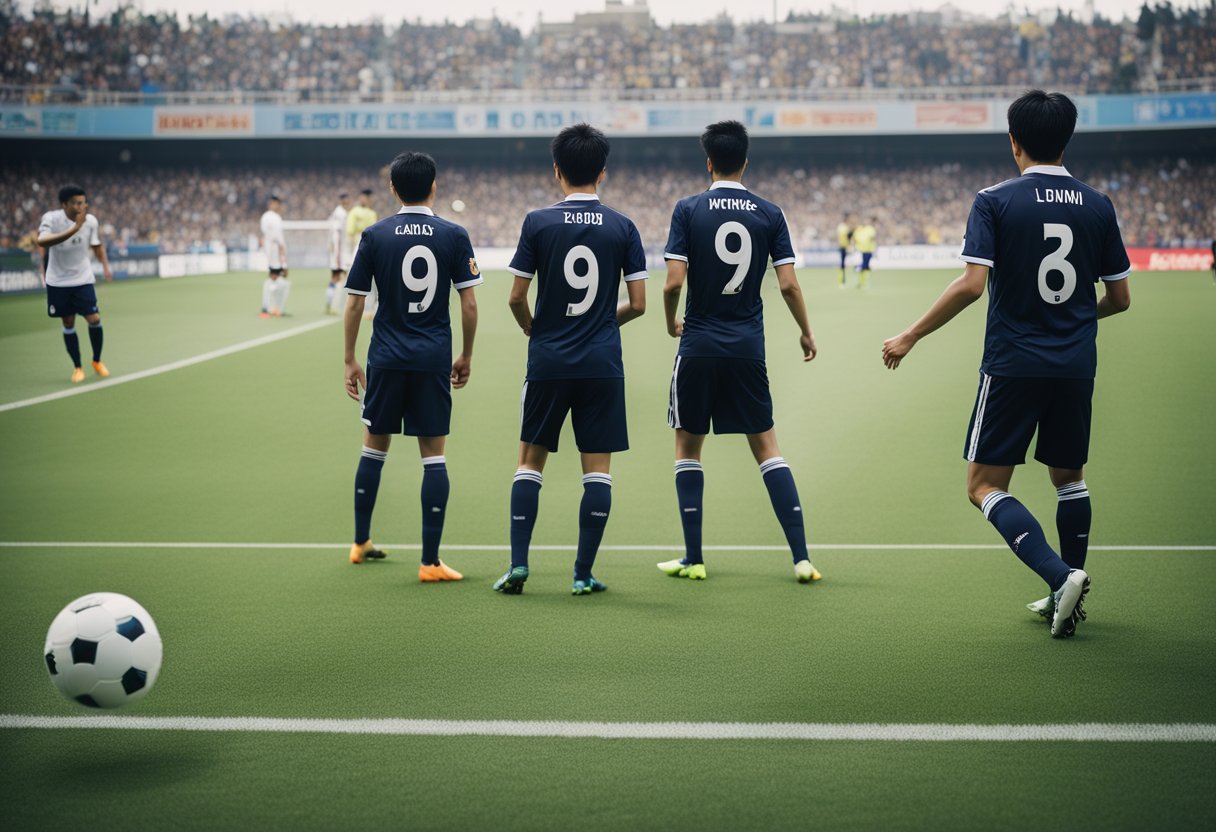 Um escanteio tradicional asiático com jogadores alinhados e prontos para receber a bola, cercados por uma multidão de torcedores vibrando.