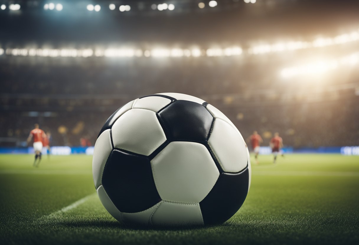 Uma bola de futebol curvando-se em direção ao gol a partir de um escanteio, com jogadores ao fundo e um estádio lotado.