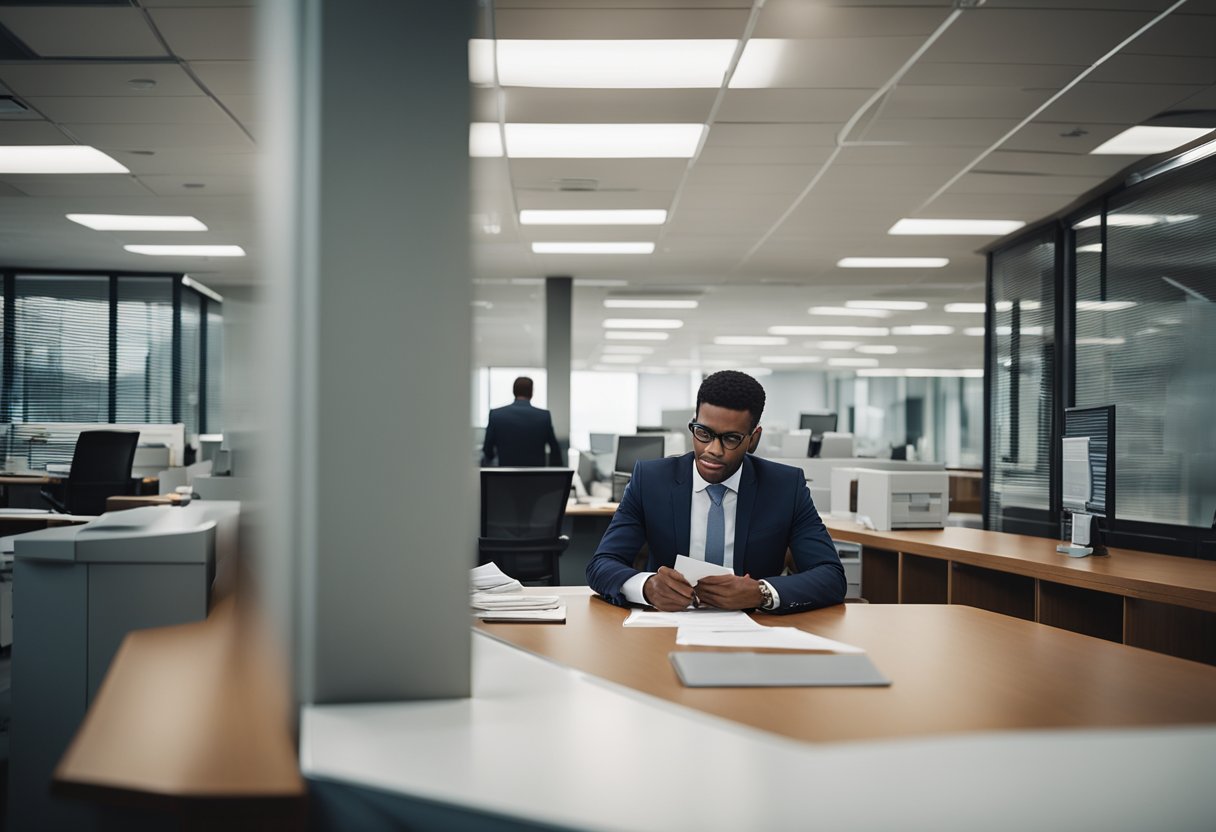 Um funcionário do banco Bradesco processando documentos em uma mesa em um ambiente de escritório moderno