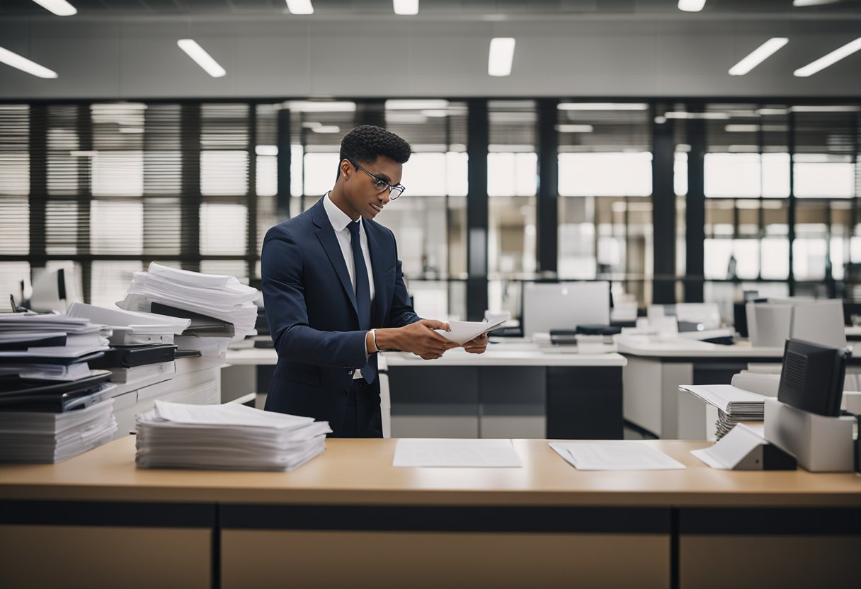 Um funcionário do Bradesco processa diligentemente a papelada em uma mesa limpa e organizada em um ambiente de escritório moderno.