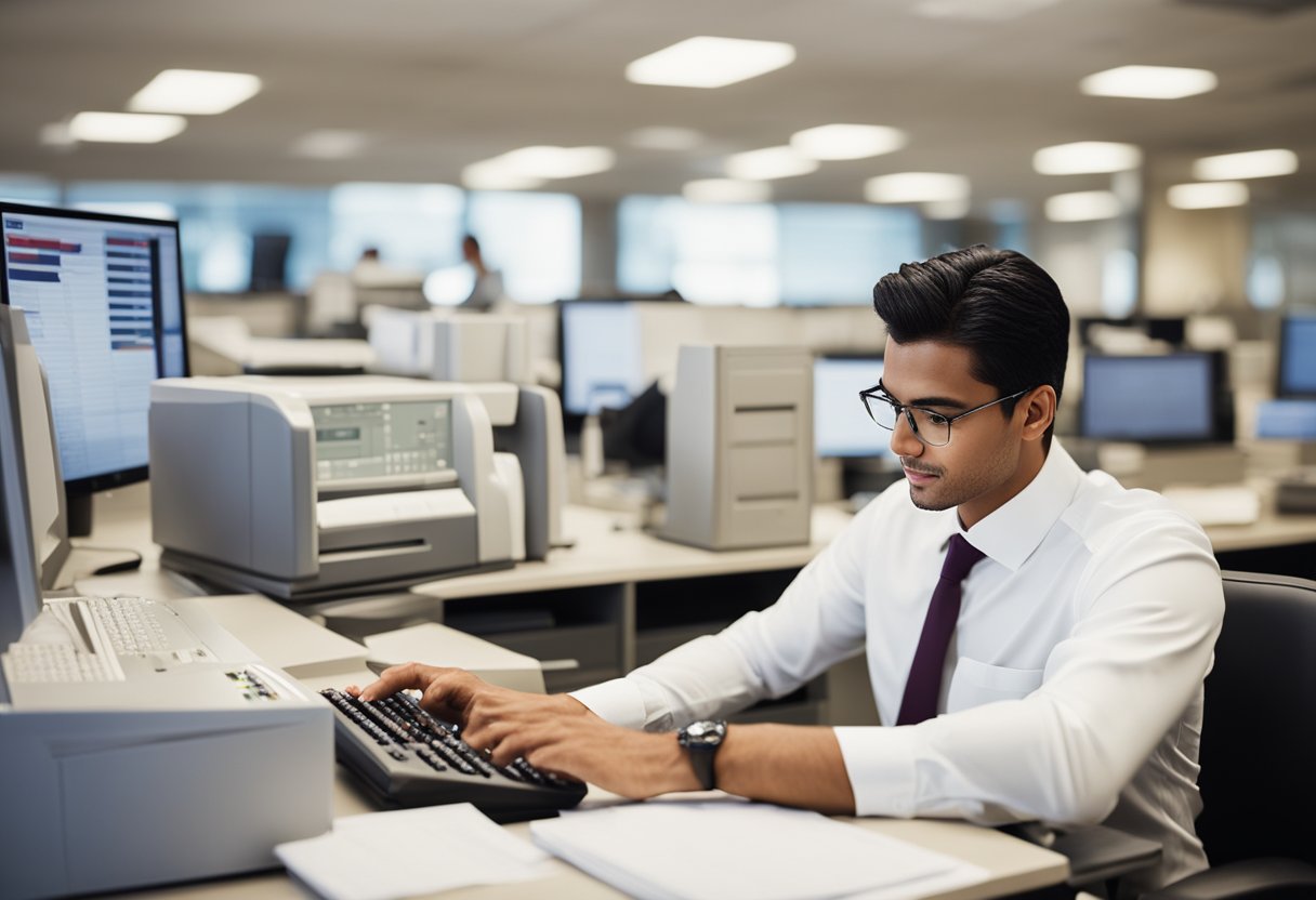 Um funcionário do banco Bradesco processando documentação em uma mesa, com um computador, calculadora e arquivos ao fundo.
