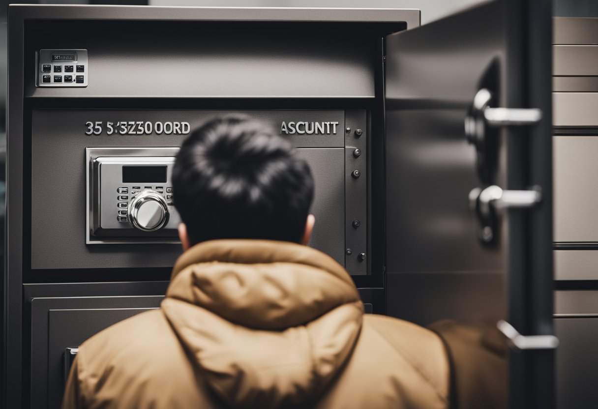 Uma pessoa olhando para um cofre trancado com uma expressão confusa, tentando lembrar a senha da sua conta de poupança.