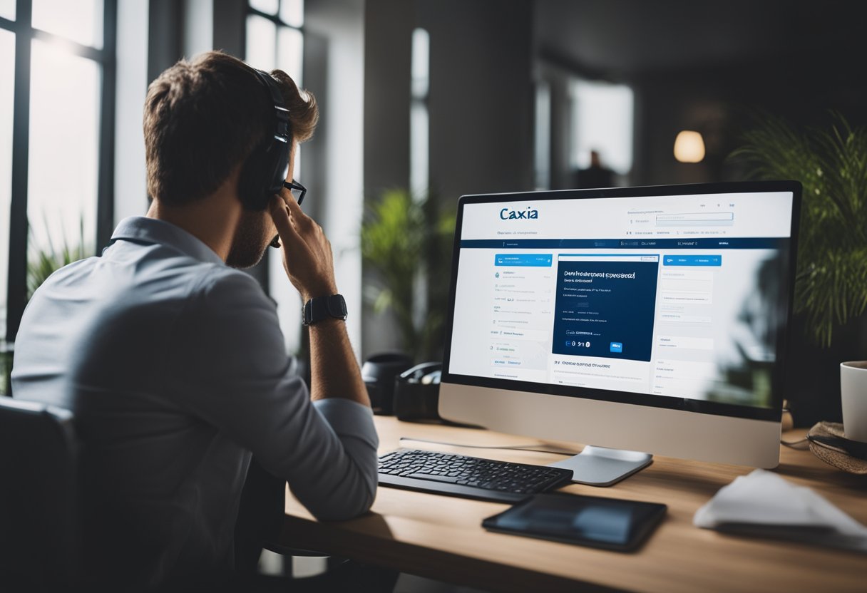 Uma pessoa sentada em um computador, acessando o site de internet banking da Caixa para recuperar sua senha esquecida da Caixa Poupança.