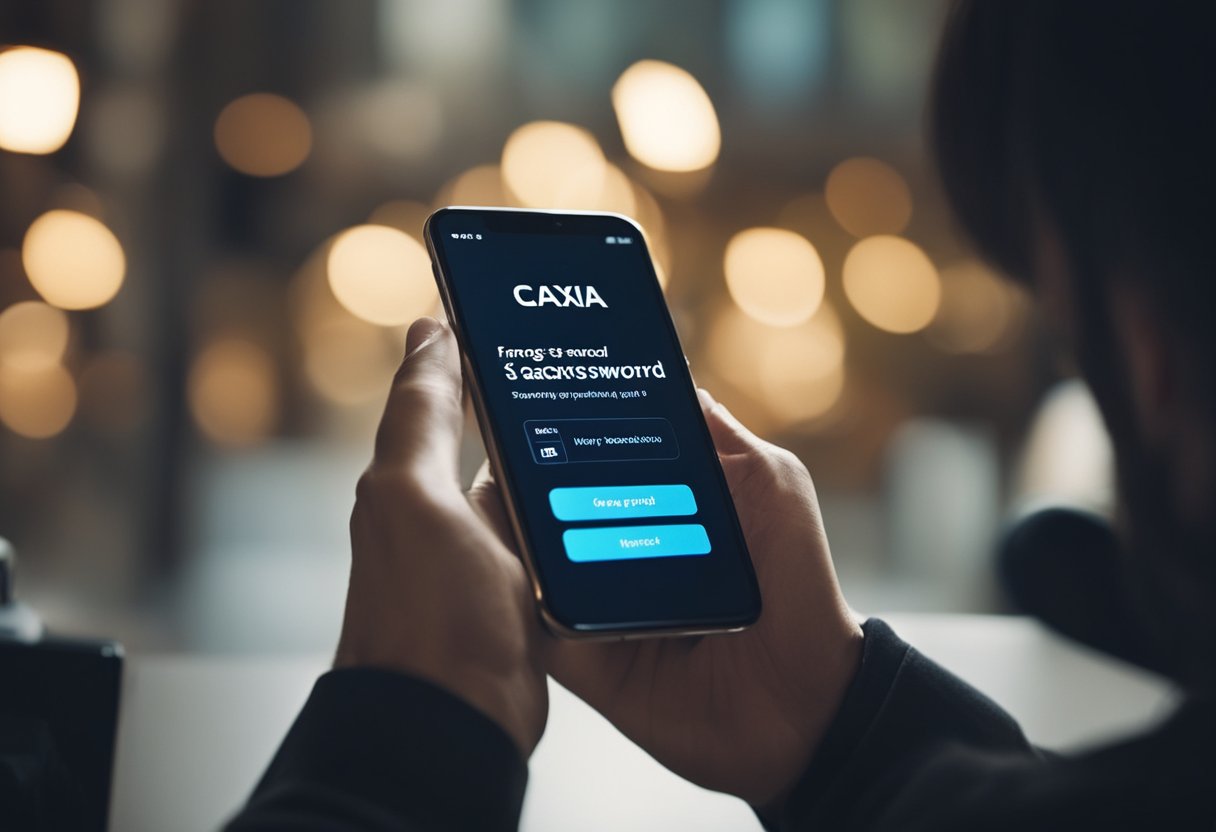 Uma pessoa usando um smartphone para acessar o aplicativo Caixa Savings, clicando na opção "Esqueci minha senha".