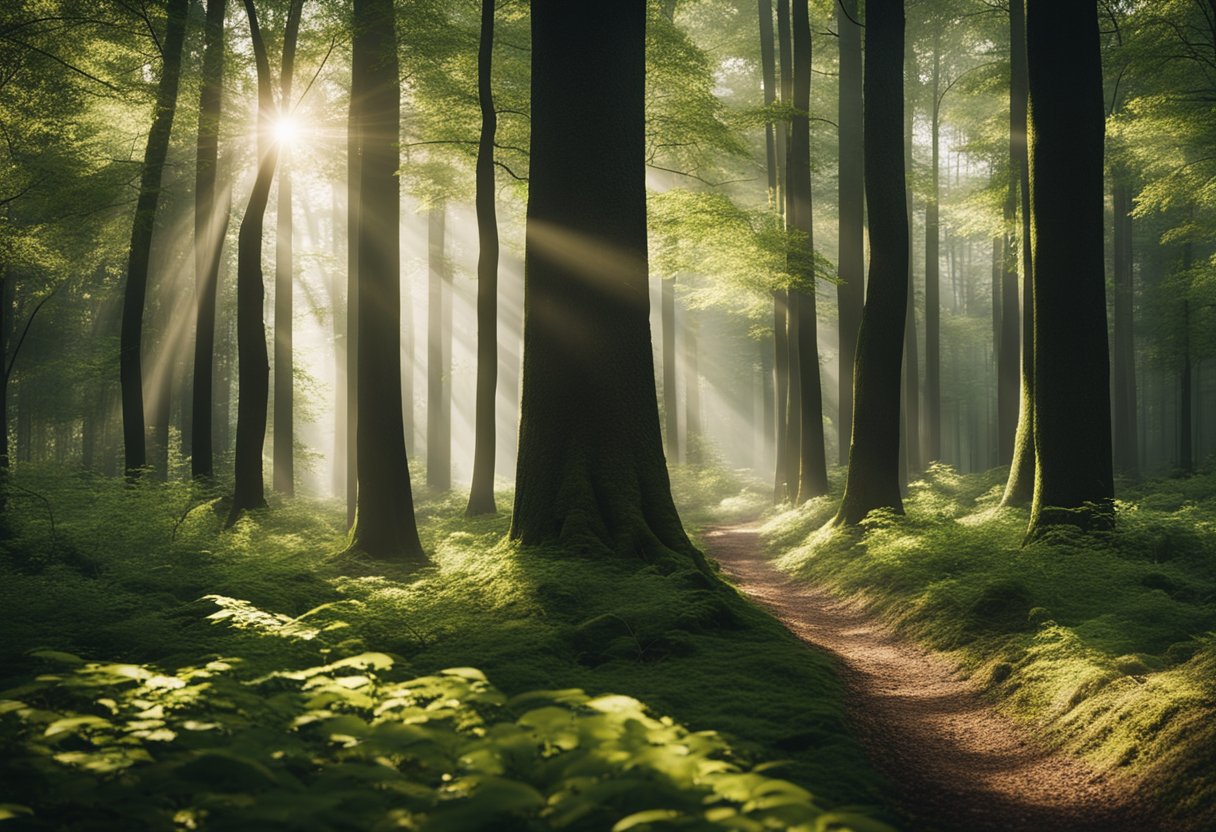 Uma floresta serena com um rio sinuoso e árvores altas e elegantes. A luz do sol filtra-se através das folhas, projetando sombras entrecortadas no chão da floresta.