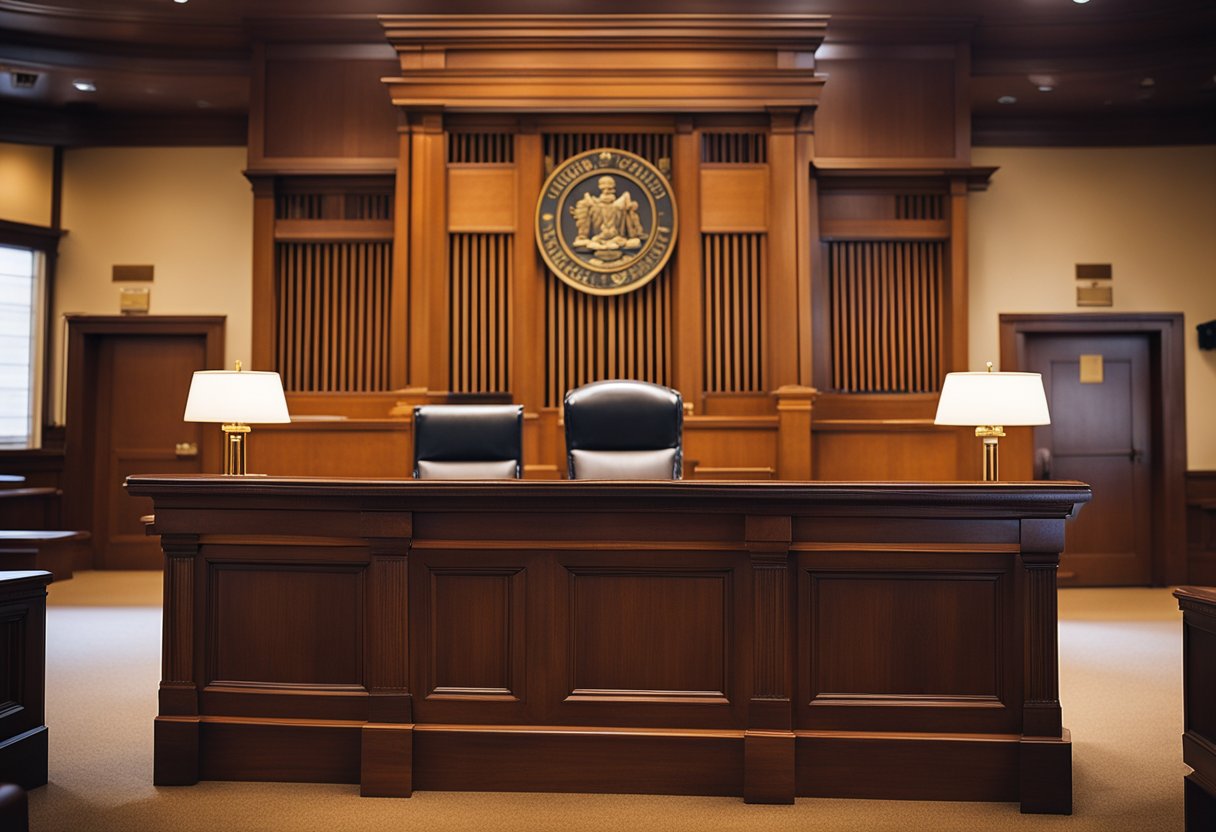 Uma sala de tribunal com o banco do juiz, o banco de testemunhas e a caixa do júri