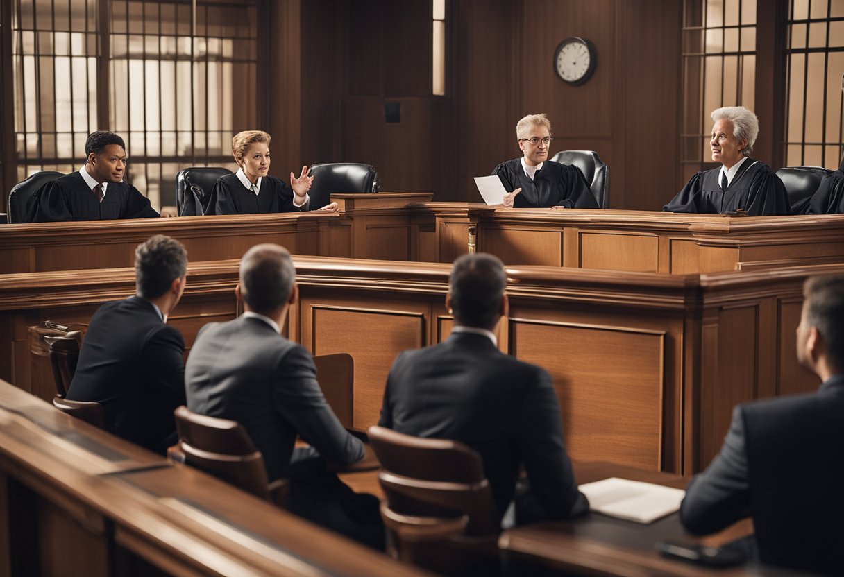 Uma sala de tribunal com um advogado argumentando apaixonadamente seu caso para um juiz e um júri, usando gestos expressivos e uma presença imponente.