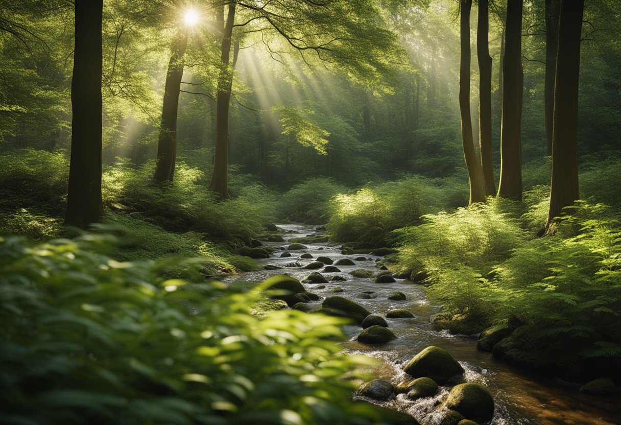 Uma clareira tranquila na floresta com um pequeno riacho atravessando-a, cercada por árvores altas e densas e luz do sol filtrando-se através das folhas.