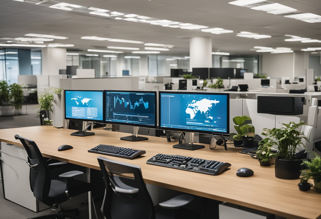 Um escritório moderno com equipamentos de computador e dispositivos técnicos