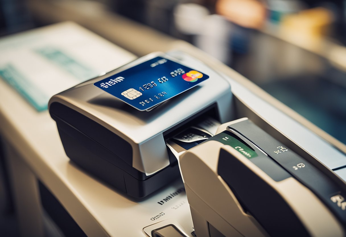 Um cartão de crédito sendo passado em uma loja, com um recibo mostrando um reembolso por uma compra anterior em várias parcelas.