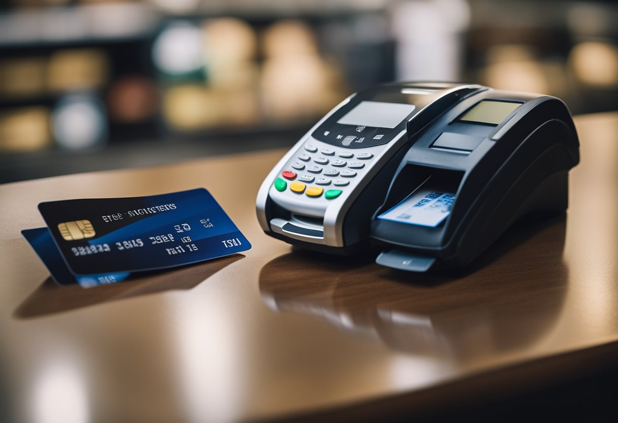 Um cartão de crédito sendo passado por um leitor de cartão, com vários itens sendo escaneados e um recibo sendo impresso.