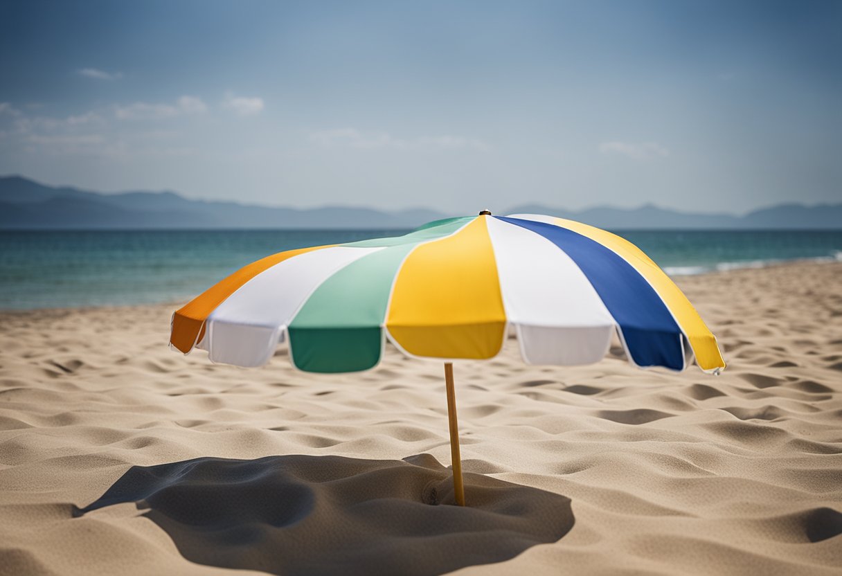 Uma praia ensolarada com ondas calmas e um guarda-sol colorido