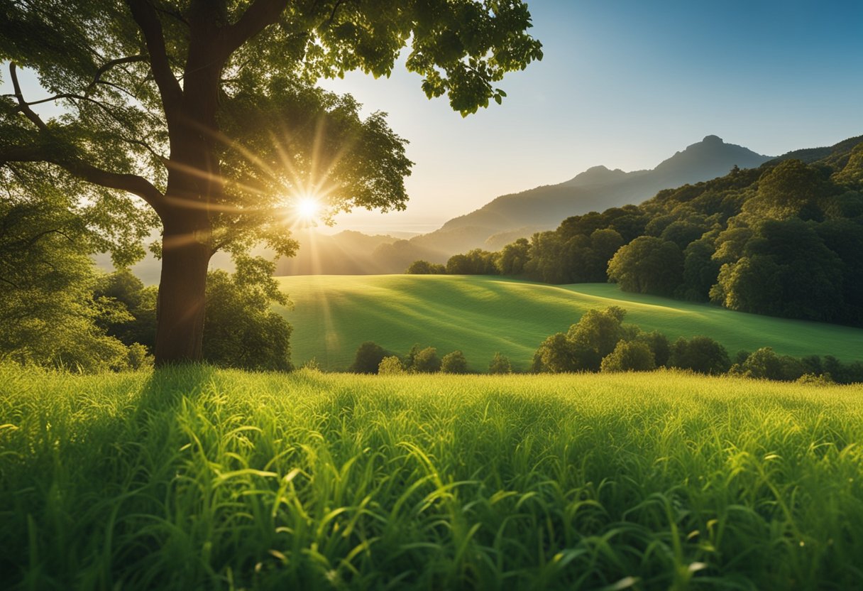 Um sol brilhante surgindo sobre uma paisagem calma e tranquila, com um céu azul claro e vegetação exuberante.