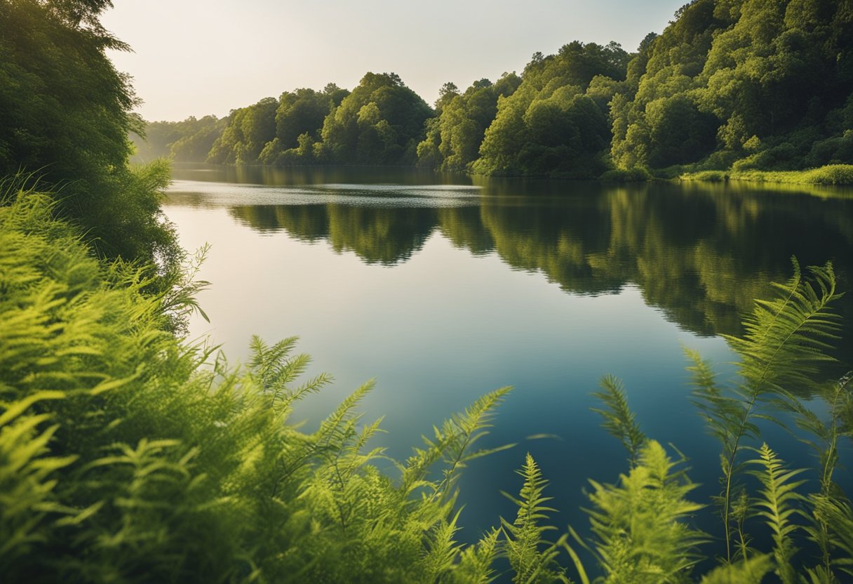 Uma paisagem calma e serena com um céu azul claro, um rio sinuoso e uma vegetação exuberante nas margens