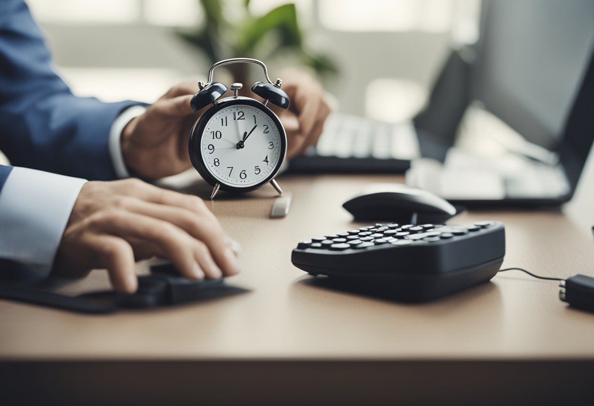 Um trabalhador alternando entre períodos de atividade e descanso, com um relógio simbolizando arranjos de trabalho intermitente.