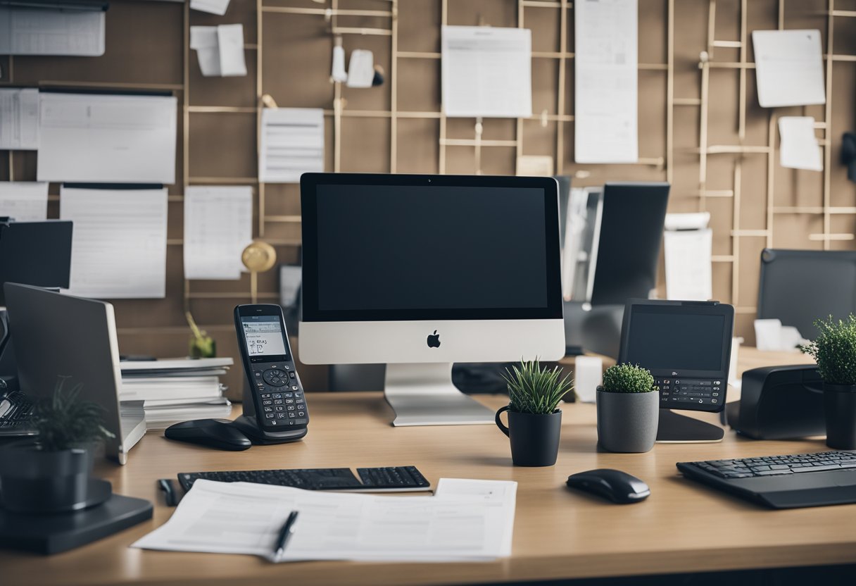 Uma mesa de escritório bagunçada com um computador, telefone e papéis espalhados. Um relógio na parede mostra horários de trabalho irregulares.