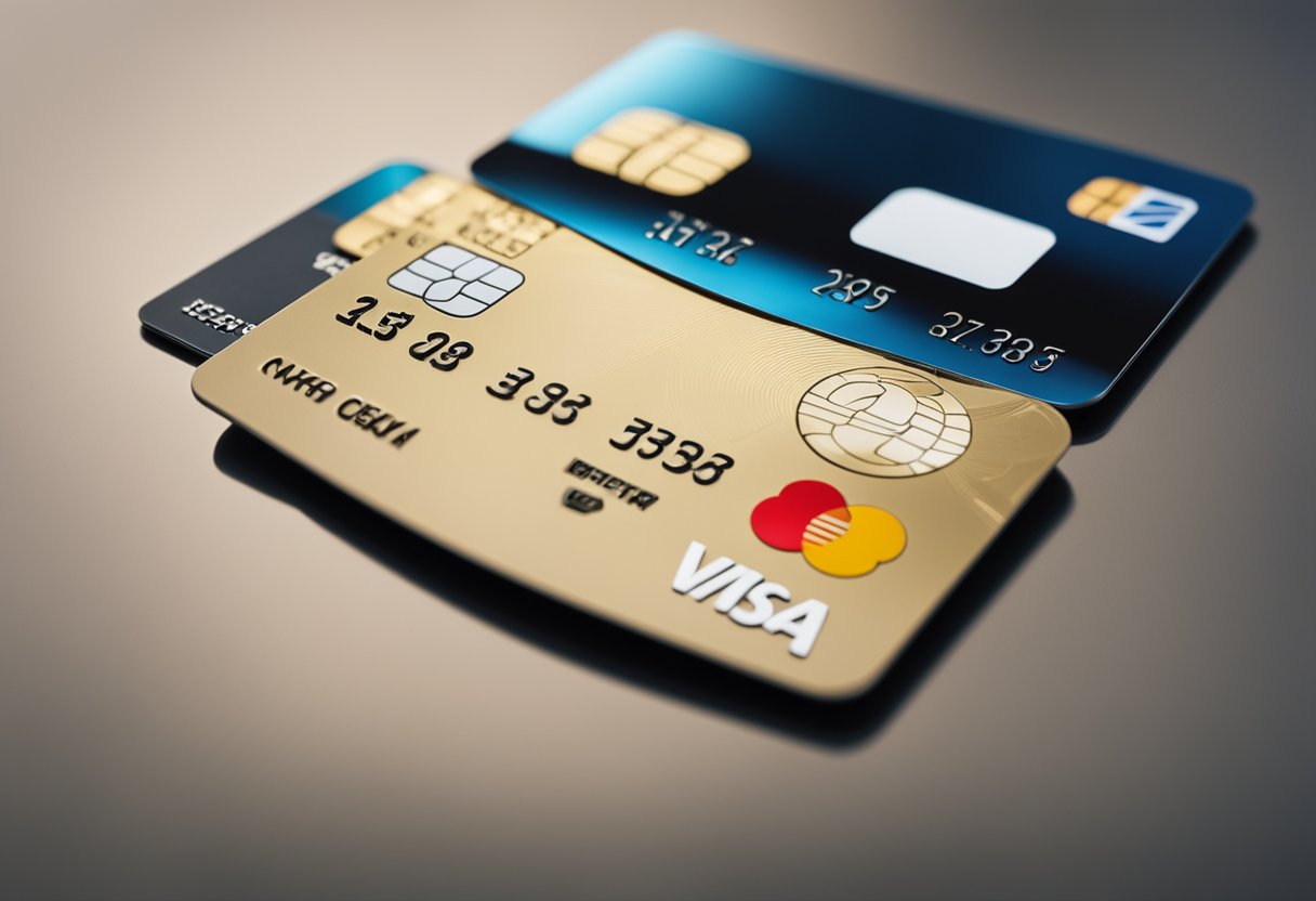 Um cartão de crédito e um cartão de débito lado a lado em uma superfície moderna e elegante, com os números dos cartões e os logotipos claramente visíveis