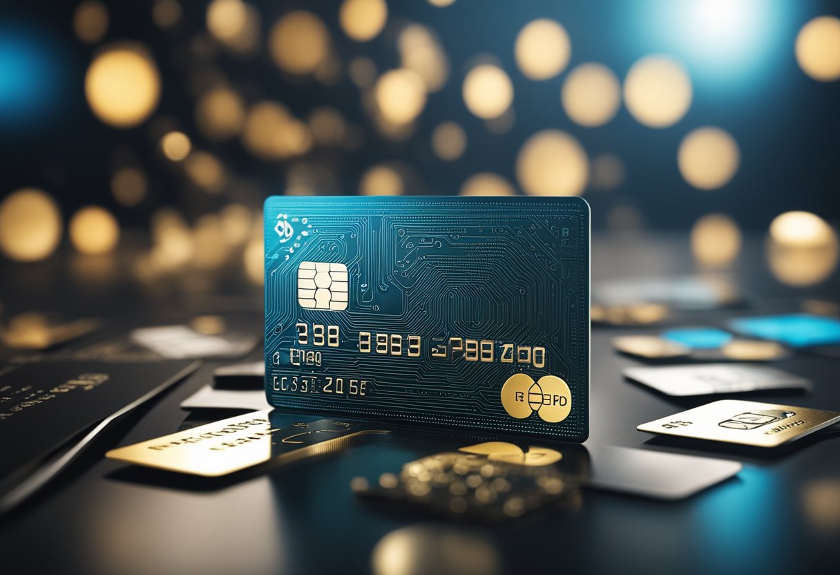 Um cartão com funcionalidades de crédito e débito, cercado por símbolos e ícones financeiros