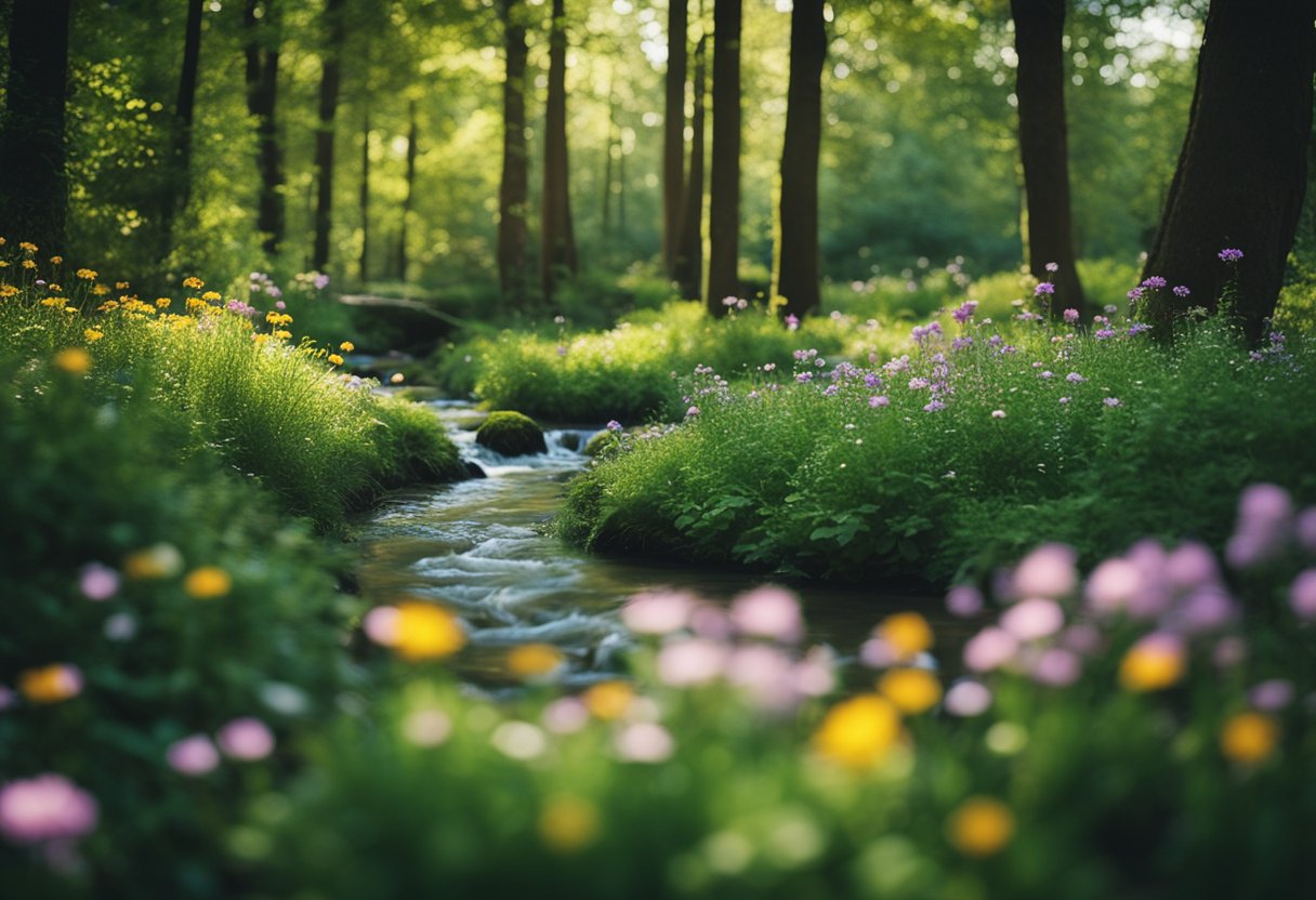 Uma clareira tranquila na floresta com um pequeno riacho e flores vibrantes